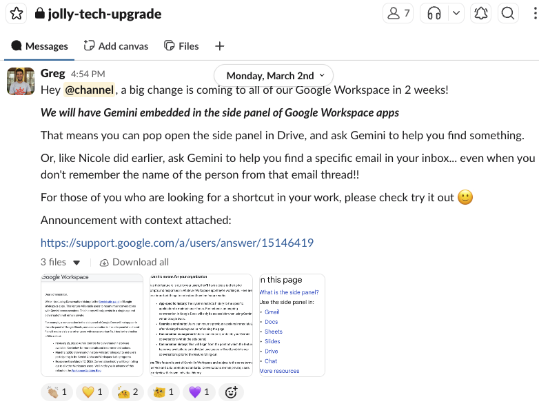 Slack message: 'Folks, you can have access to (almost) all of Gemini Pro features through your jollyseo.com / Workspace account. Just sign up at gemini.google.com and use your work email.'